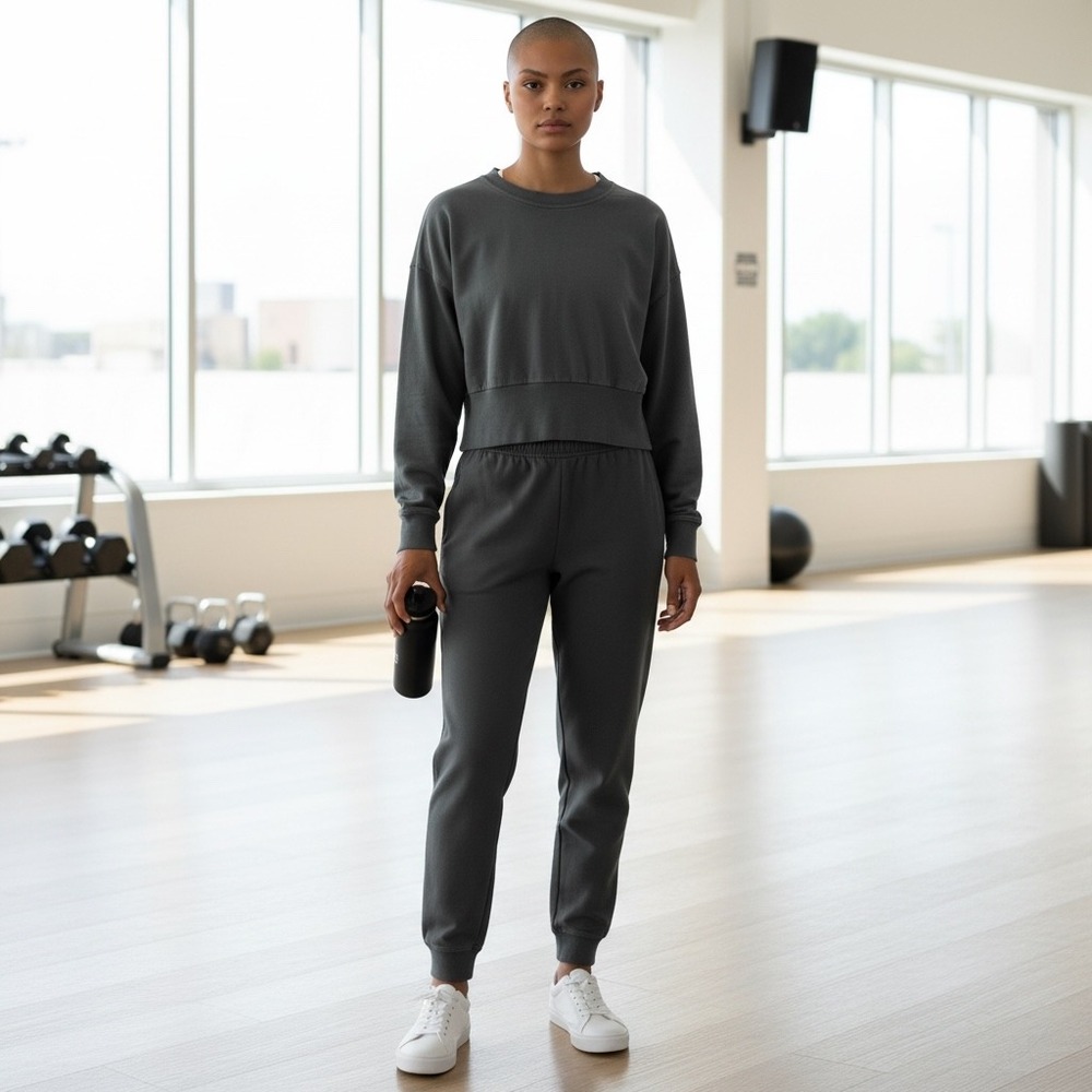 Athleta Coaster Luxe Sweatshirt Dark Grey Cropped Ribbed Pullover Womens XS